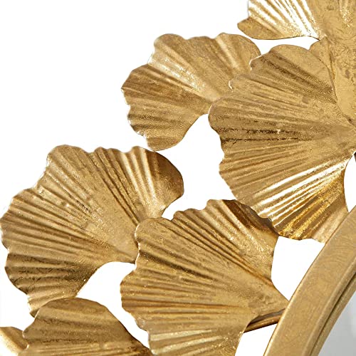 Image of Artemade Iron Framed Decorative Wall Mounted Round Hanging Mirror Ginkgo Plant Golden Leaves Design Modern Mirror for Living Room Home Decor (46 Cm)