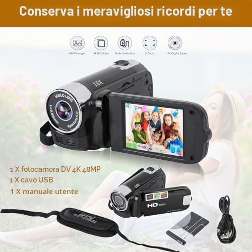 Videocamera per Videocamera Full HD 1080P, Zoom Digitale 16X da 16 MP, Schermo Ruotabile TFT da 2,7 Pollici, con Luce di Riempimento e Porta USB (Nero)