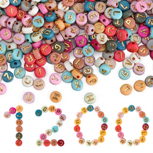 Gionlion 1200+Pcs Colorful Round 4x7mm Letter Beads for Bracelet Making Acrylic Alphabet Beads for Jewelry Making DIY Friendship Bracelets with Gold Letters on Colorful Beads