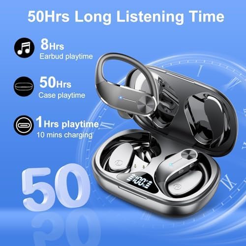 Earbuds and charging case showing 50 hours long listening time