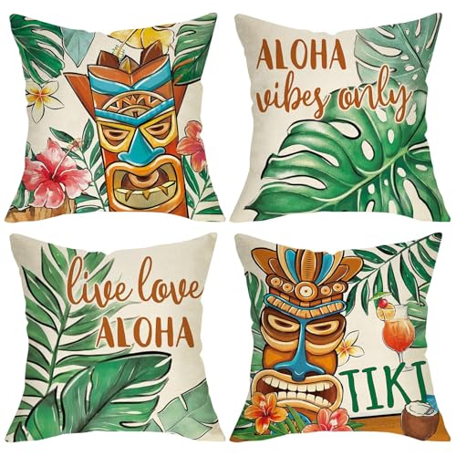 Tiki Bar Accessories - Set of 4 Decorative Tiki Bar Pillows Beach Hut Accessories Tropical Beach Hut Accessorie Hawaiian Style Pillow for Home Sofa Bed Patio Vintage Grunge Hawaii Hut Island Decor