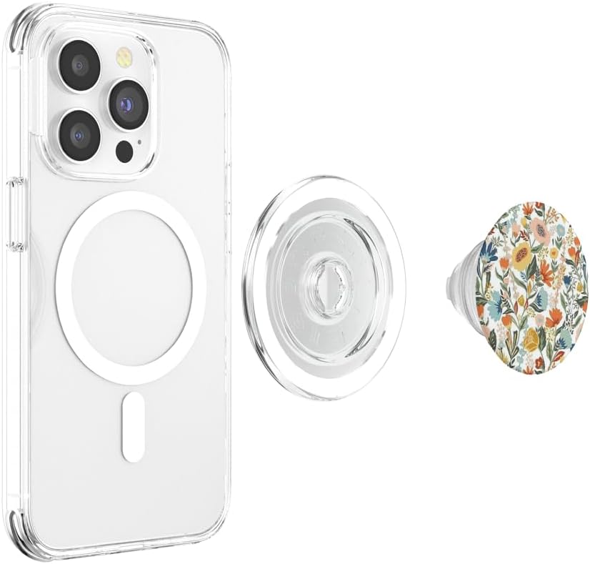 Cute Floral Teal Hibiscus Pattern On White Pop Mount Socket PopSockets PopGrip for MagSafe