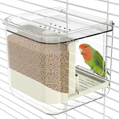 BAGHPBM No Mess Automatic Bird Feeder Multifunctional Parrot Seed Feeders Transparent Seed Food Container Bird Cage Accessories for Canaries Budgies Lovebirds Conures Cockatiels