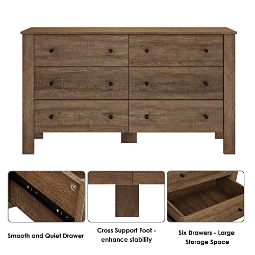Itusut 6 Drawer Dresser, Wood Chest Of Drawers, Wide Storage Dresser With Sturdy Frame, Closet Organizer For Bedroom Hallway Living Room Closets, Rustic Brown #TOP3