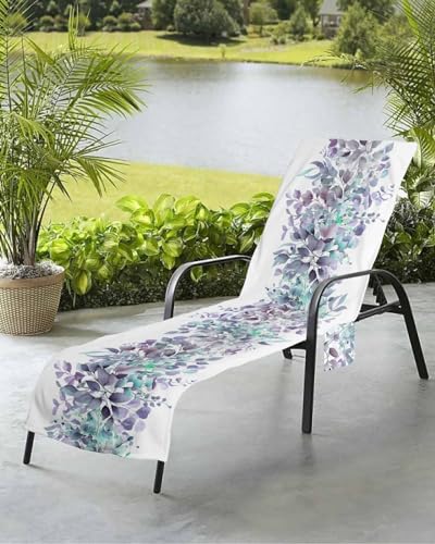 Eucalyptus White Beach Chair Towel Covers for Chaise Lounge with Side Pocket, Soft Plush Pool Towels Cover for Patio Sunbathing Outdoor 29''x85'' Spring Botanical Watercolor Leaves