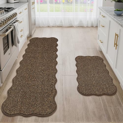 JSEI Scalloped Kitchen Rugs and Mats 2PCS, Kitchen Mats for Floor, Non-Slip Washable Kitchen Runner, Absorbent and Stain Resistant Rugs for Kitchen, Laundry & Sink, 17"x30"+17"x60", Brown 17