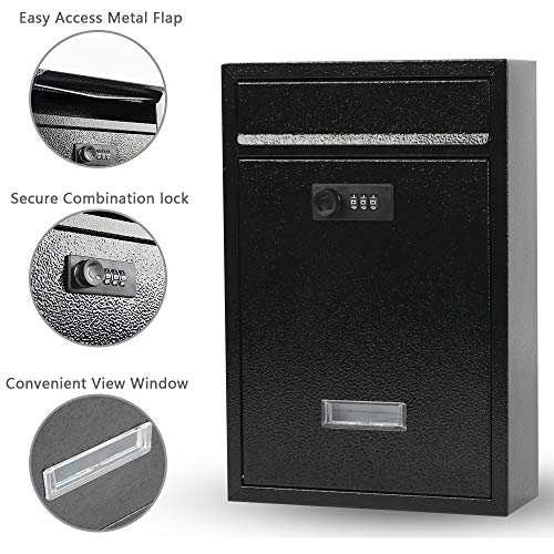 Kyodoled Locking Wall Mount Mailbox,Mail Boxes Outdoor With Combination Lock，Security Key Drop Box,12.4Hx 8.54Lx 3.35W Inches,Black Large #TOP1