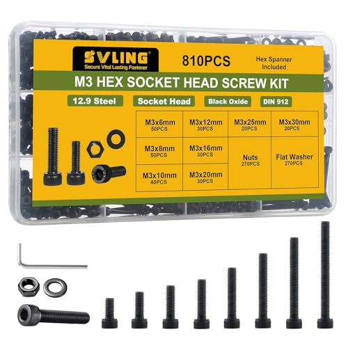 SVLING 810Pcs M3 Screws Assortment Kit,Hex Socket Head Cap Screws Bolts Nuts Washer Set,12.9 Grade Alloy Steel,Black Oxide M3 x 6/8/10/12/16/20/25/30mm,for 3D Printer,DIY Project