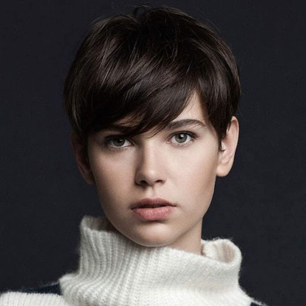 Creamily Parrucche corte castane, parrucca corta Pixie Cut con frangia per donne, parrucche sintetiche a strati naturali per capelli corti da donna, per cosplay, feste, uso quotidiano