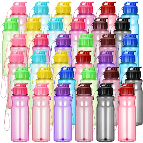 Tioncy 40 Pieces Water Bottles Bulk for Kids 17 oz Plastic Sport Drink Bottles with Handle Strap Lightweight Leakproof Cup for Fitness Gym School Gift(Cute Colors)