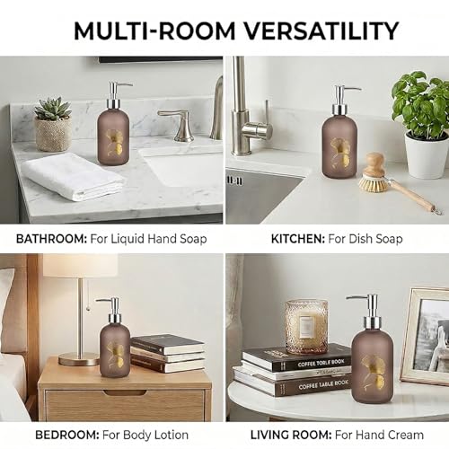 Image of Luxe Home International Flower Print Glass Soap Dispenser for Bathroom and Kitchen Sink Leak Proof Liquid Hand Wash Round Bottle Lightweight Smooth Finish (19.5x7.5 cm Brown) Pack of 1