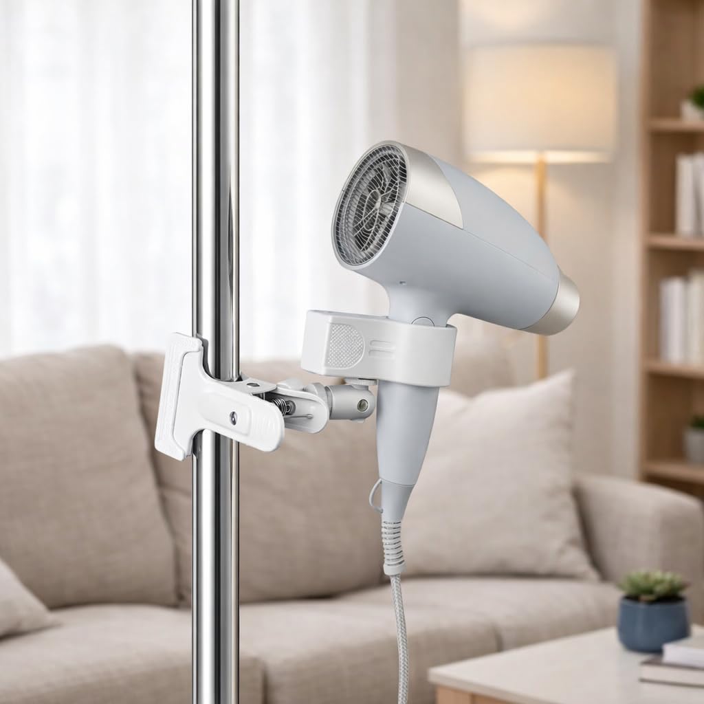 Hands Free Clamp Hair Dryer Holder with Strong Grip, 360° Flexible Gooseneck Blow Dryer Stand, Portable Clip-On Hair Dryer Holder for Styling & Pet Grooming, Table Counter Home Salon, White