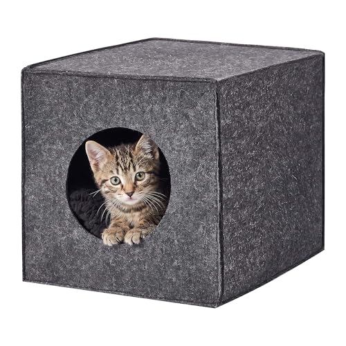Relaxdays Katzenhöhle, Filz, HxBxT: 33 x 33 x 37 cm, dunkelgrau | Katzenhaus für Regale, faltbar, mit Kissen, Katzenbett