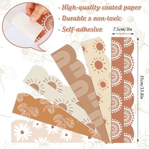 Image of Whaline 82Ft Modern Boho Bulletin Board Borders 6 Designs 72 Pcs Self-Adhesive Retro Floral Daisy Sun Rainbow Trim Border Classroom Decorations for Back to School Office Party Wall Decor