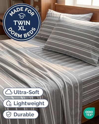 Image of Twin XL 4 Piece Sheet Set - College Dorm Room Essentials - Grey Stripes | Ultra Soft Dorm Bedding Set, 8 inch to 16 inch Inch Deep Pockets, 1 Flat & 1 Fitted Sheet & 2 Pillowcases, Wrinkle & Fade Free