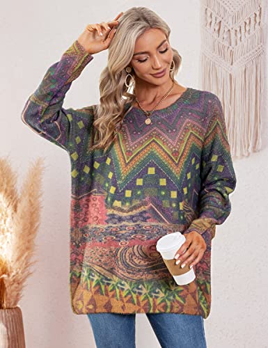 Image of YESNO Women Christmas Sweater Graphic Printed Oversized Pullover Sweaters Casual Loose Knit Tops S01