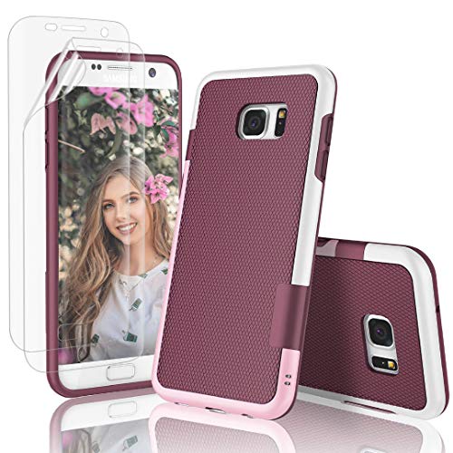 Jeylly Case for Galaxy S7 Edge Case,with 2 Pack HD Soft Screen Protector, Contrasting Colors Ultra Slim One-Piece Anti-Slip Rugged Soft TPU Bumper Shockproof Case Cover for Galaxy S7 Edge - Wine