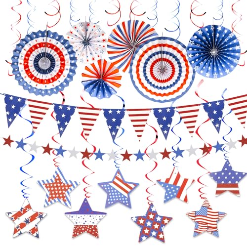 Image of 4th of July Decorations Set Red White and Blue Decorations Including Paper Fans, Star Streamer, Pom Poms Party Hanging Swirls for Memorial Day, Independence Day, Labor Day