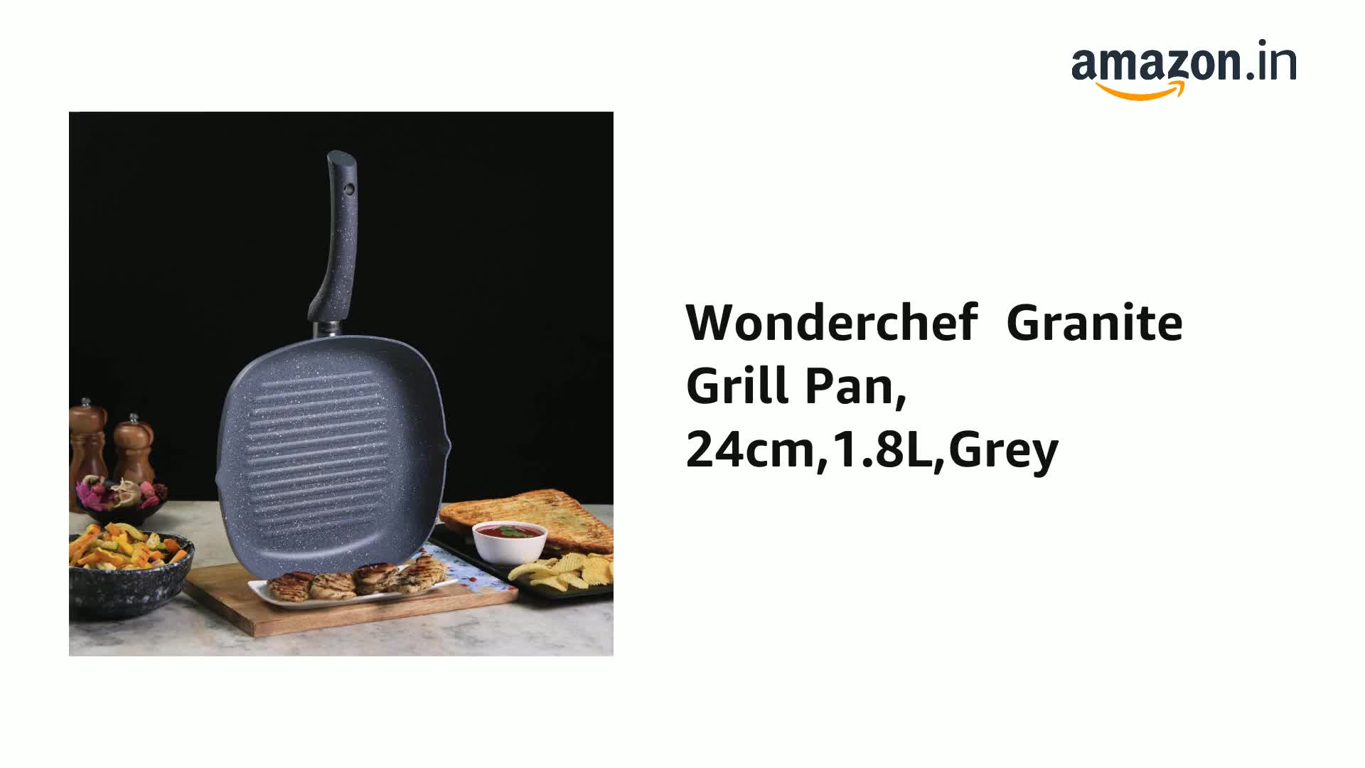 Wonderchef Granite Non-Stick 24cm Grill Pan | Soft-Touch Handles | Virgin Aluminium | PFOA and Heavy Metals Free | 3.5mm Thickness | 1.8 litres | 2 Year Warranty | Grey