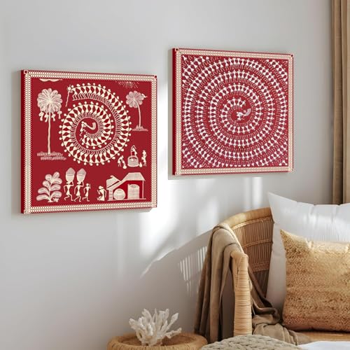 Image of Warli Tribal Canvas Wall Art Painting For Living Room, Traditional Village Life Folk Painting, Red Tribal Dance Floral Wall Art for Home and Office Decor, Set of 2, Size 12x12 inch