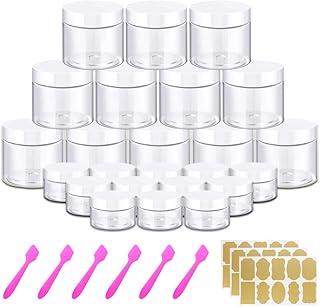 4OZ Slime Containers with Lids + 20 Gram Round Samples Jars (Set of 24)- Empty Small Plastic Containers with Lids for Slime, Lip Scrub, Lotions, Body Butters and Craft Storage Bonus Labels + Spatulas