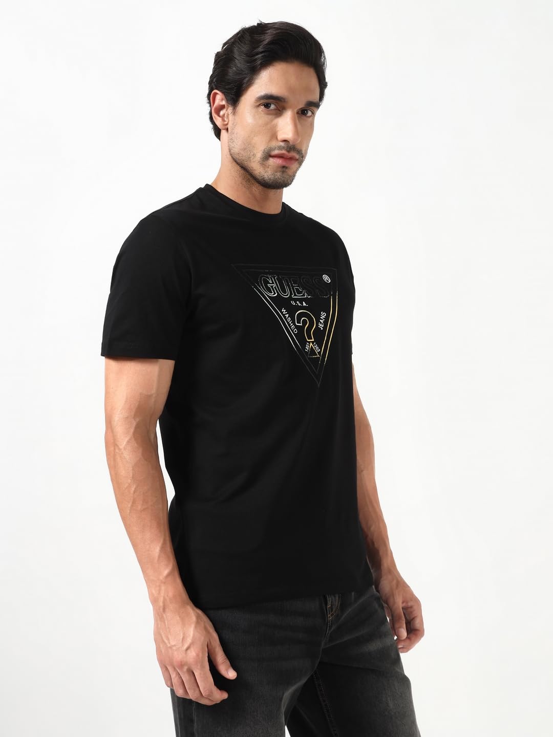 GUESS T-shirt da uomo a maniche corte con scollo rotondo stampato nero jet triangolo