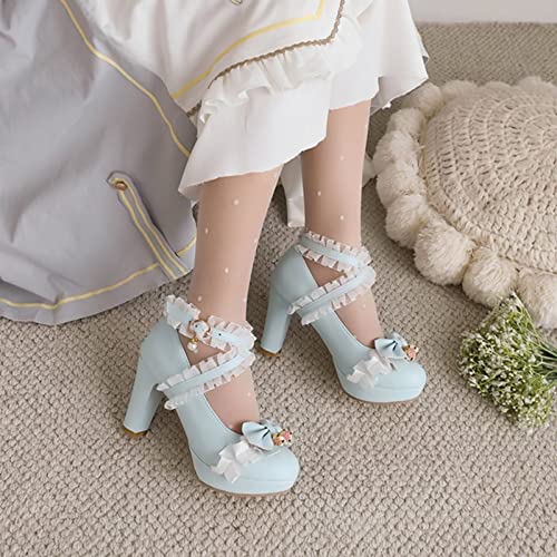 Image of FOREADA Lolita Shoes Platform Mary Jane Heels Kawaii Bow Lace Pearl Pumps | Vintage kawaii lolita styling ideal for dresses, with bead, lace, bow, ankle strap, pink, white and classic black colors