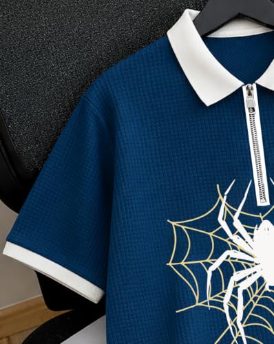Image of AUSK Men's Spider Graphic Printed Polo T-Shirt | Cotton Blend Textured Regular Fit Half Sleeve Zip Polo Neck Casual T-Shirt for Men