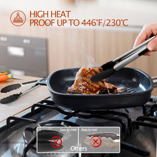 Onader Kitchen Tongs Set of 2, Silicone Food Tongs with Stainless Steel Handle, Great for Cooking Serving Barbecue, Silicone Tips & Locking Clip, Heat Proof & Dishwasher Safe, 9 & 12 Inch - Black - Image 4
