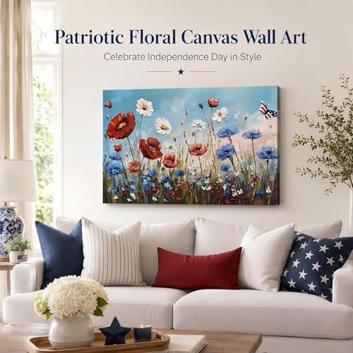 Image of Patriotic Red White Blue Wildflower Wall Art, 4th of July Floral Canvas Prints, Framed Independence Day Wall Decor, American Flag Butterfly Artwork for Bedroom Office, Made in USA