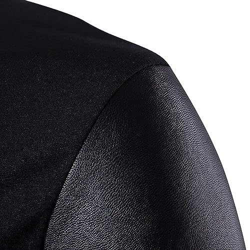 Men's Knit Leather Patchwork Jacket Windproof Zip-Up Stand Collar Slim Fit Black Casual Jacket Outwear for Men4