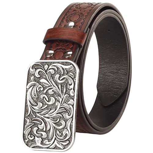 Image of Mawjom Western Cowboy PU Leather Belt - Men Waist Strap Bull Decoration Floral Engraved for Jeans 25 inch to 38 inch Waist