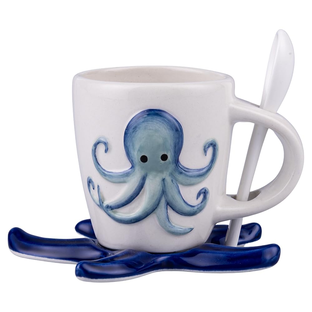 Set 6 Tazzina caffè 90 ml in ceramica con cucchiaino, decoro marino, Ocean