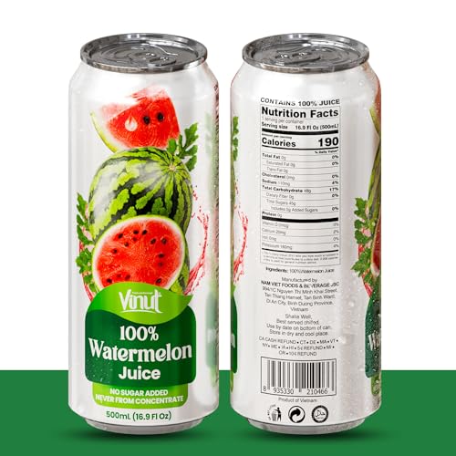 Image of VINUT 100% Watermelon Juice, No Added Sugar, Not From Concentrate, 16.9 fl oz (500 mL) Can, Pack of 6