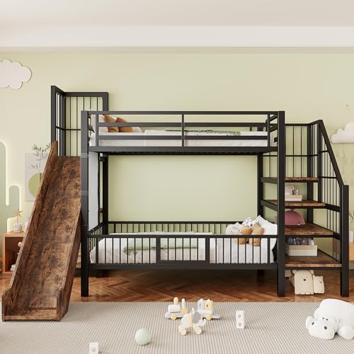 Merax Lit superposé en métal 90×200 cm, avec toboggan, échelle de rangement, barrière de protection, étagères intégrées, lit d’enfant peu...