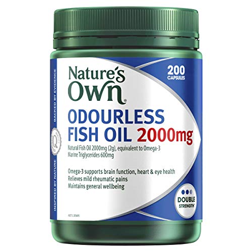 Nature's Own Odourless Fish Oil 2000mg - Source of Omega-3 - Maintains Wellbeing - Supports Healthy Heart and Brain, 200 Capsules, Mostly Green