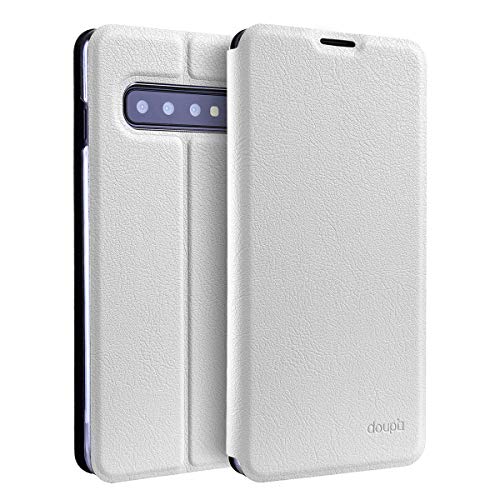 doupi Flip Cover pour Samsung Galaxy S10 Plus, Étui à Rabat Magnétique Coque Style Livre Protection Housse avec Support, Blanc