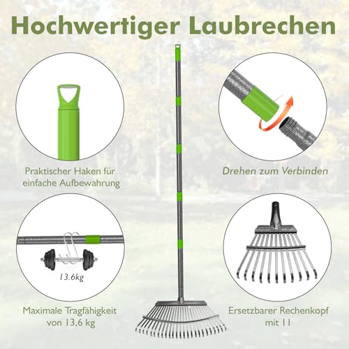 ZHJAN Rechen Garten,25+11 Zinken Laubrechen mit Stiel Metall, Verstellbarer Stiel (70-185 cm),Schwerlast Laub,Gartenharke für Laub, Rasen, Boden,inkl. 2 Handschuhe