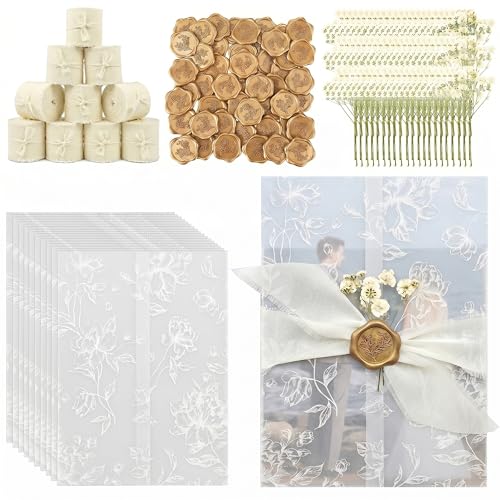 ABIDISO 50 Pack Vellum Jackets for 5x7 Invitations - 130 GSM Pre-Folded | Complete 50-pack invitation kit with chiffon ribbon, bronze wax seals and dried flowers for elegant wedding invitations