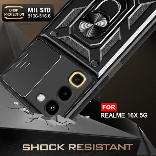 Image of AESTMO Tough Armor Realme 16X 5G Bumper Back Case Cover | Ring Holder & Sliding Camera Shield Cover | 360 Degree Protection Back Case Cover for Realme 16X 5G (Black)
