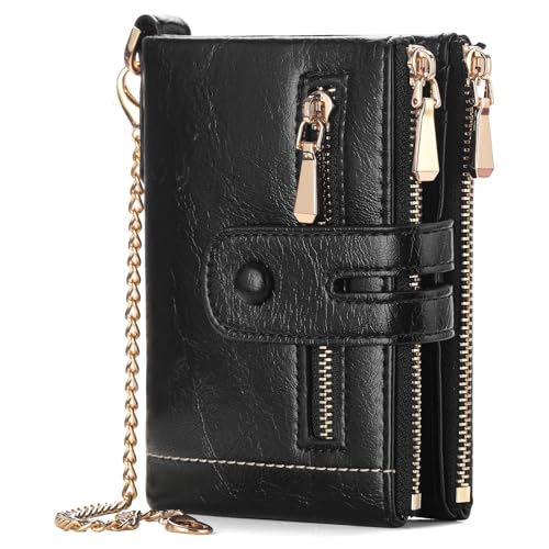 GAEKEAO Small Wallets for Women Leather RFID Blocking Bifold Double Zipper Coin Pocket Purse with Anti-Theft Chain