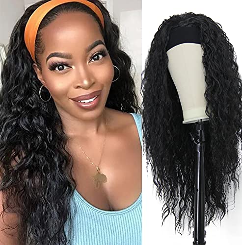 Keat Headband Wigs For Black Women Body Wave Long Black Wavy Glueless Half Wigs With Headbands Attached, Natural Looking Synthetic Heat Resistant Hair Replacement Wigs For Daily Party 28 Inch K015Bk #TOP6