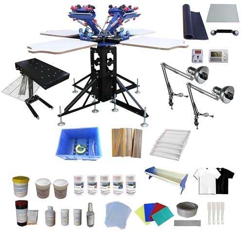 TECHTONGDA 4 Color 4 Station Screen Printing Press Kit with Flash Dryer UV Exposure Unit Drying Cabinet Washout Tank Squeegee Mesh Frame Accessories