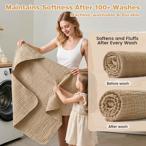 Image of Muslin Hooded Baby Towels 2-Pack, 6-Layer 100% Cotton Baby Bath Towels for Newborns, Infants and Toddlers, Large 32 x 32 Inch, Ultra-Soft, Highly Absorbent Hooded Bath Essentials, Beige & Coffee