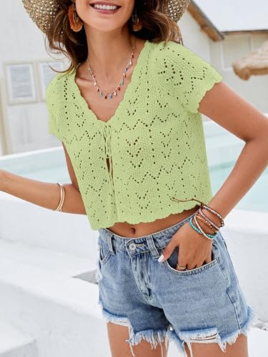 Image of Crochet Cardigans For Women Spring Summer Beach Short Sleeve Shrug Cropped Boho Lightweight Sweater Cover Up Tie Front Tops