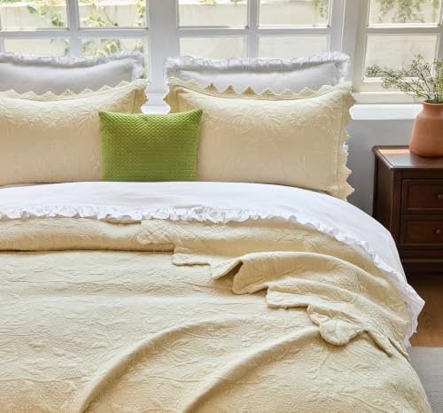 Brandream Beige Quilts Queen King Size Cotton Farmhouse Matelasse Coverlet Scalloped Edge Bedspreads Luxury Quilt Bedding Set 3-Piece 98x106 - image 6