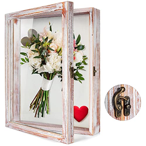 TJ.MOREE Caja de Sombra de Flores de 28x35cm, Marco Grande con Ventana de Cristal, Marco de Fotos de Profundidad Profunda, Ramo de Boda, medallas, Fotos, Caja de Memoria para Recuerdos, Color Blanco