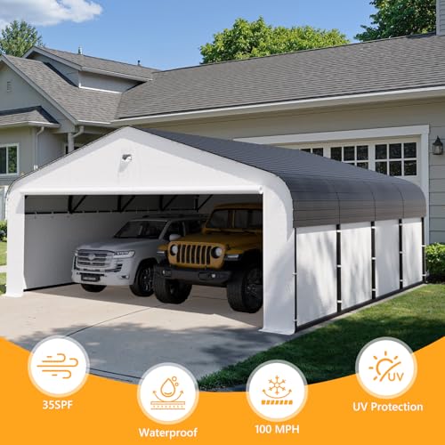 Image of 20x20 Metal Carport, Heavy Duty Car Carport Canopy, Galvanized Steel Roof Car Tent Garage, CarPorts with Removable Sidewalls