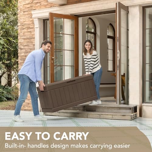 Image of Devoko 85 Gallon Deck Box Lockable Resin Outdoor Storage Box waterproof Outdoor Container for Patio Furniture Cushions, Pillow (Brown)