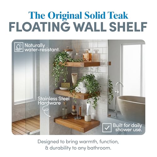 Image of AquaTeak Moa 18 inch Teak Floating Shelf, Wall Mounted, Holds Up to 10 lbs